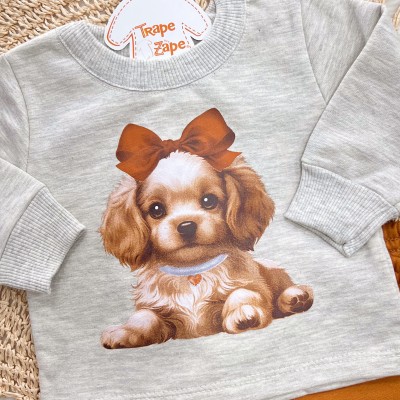 Conj. Casaco Cachorrinha com Laço e Calça de Moletom - Mescla e Ferrugem